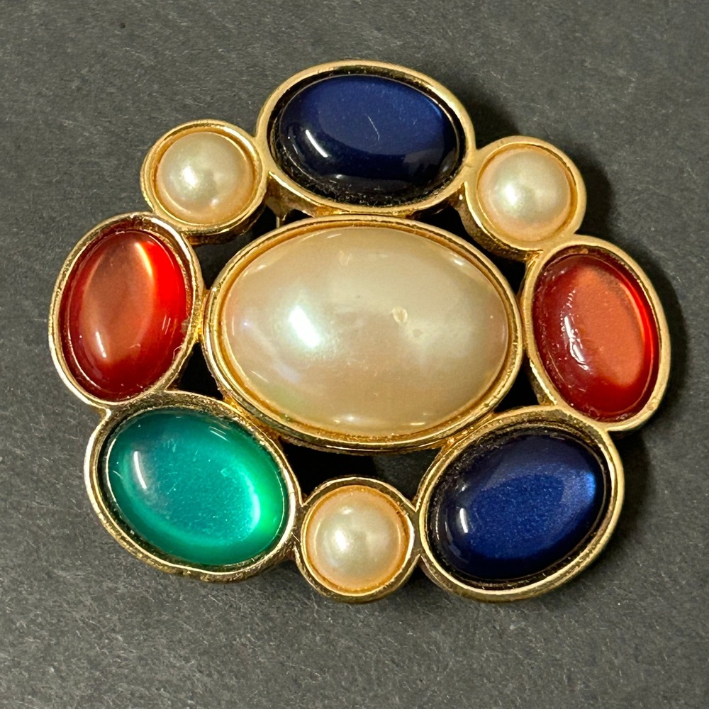 Vintage Avon Brooch Pin Gold Multi Color Faux Pearl Cabochon